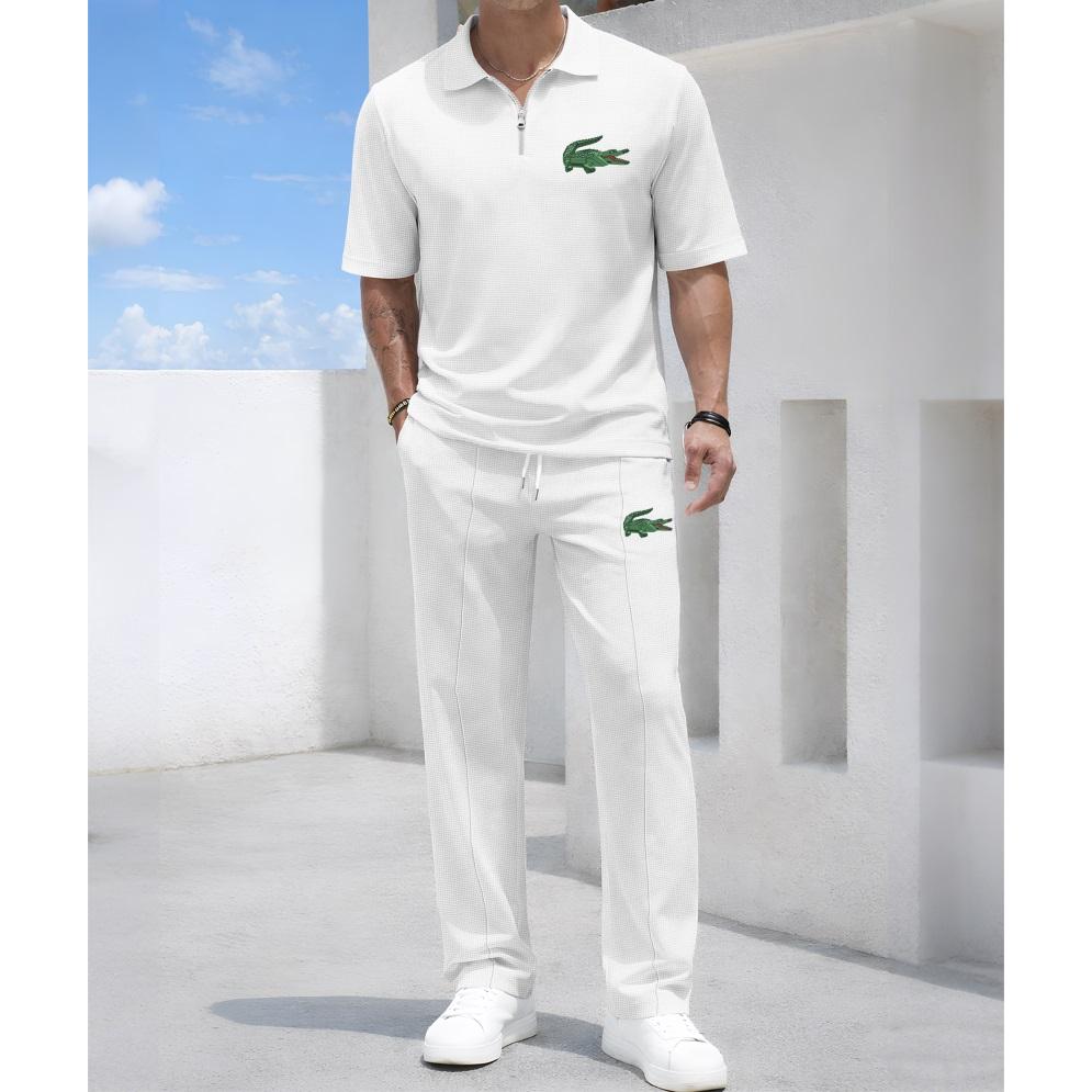Men's Mechanical Crocodile Print Waffle-Knit Polo Shirt Set