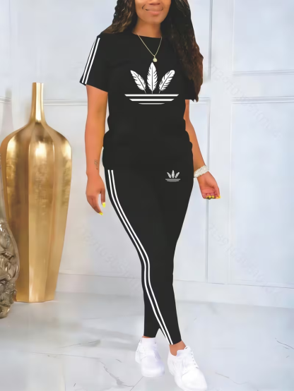 Women's Printed Casual Sporty Round Neck Drawstring Short Sleeve Two-Piece Set