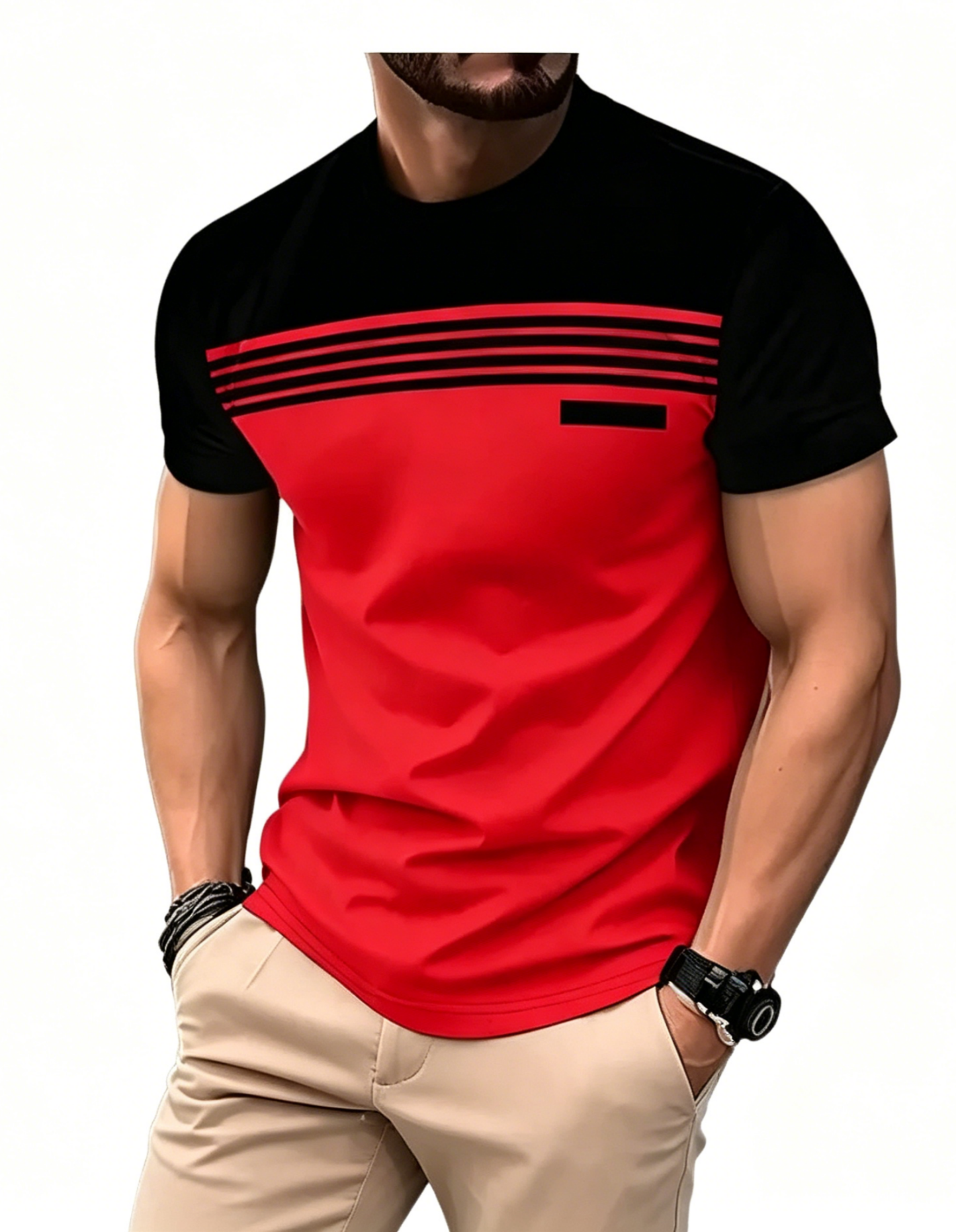  Men’s Casual Striped Panel Design Short Sleeve T-Shirts