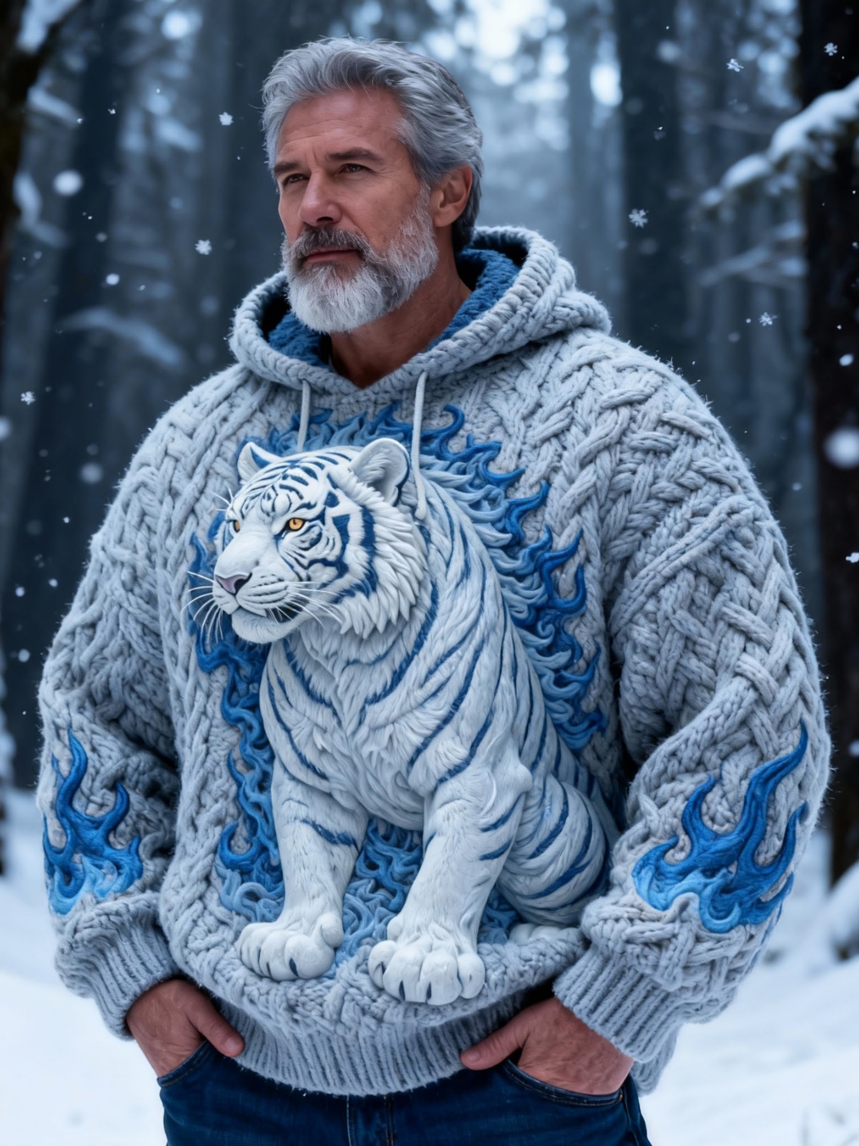 Men's Blue Flame White Tiger Chunky Knit Hooded Sweater