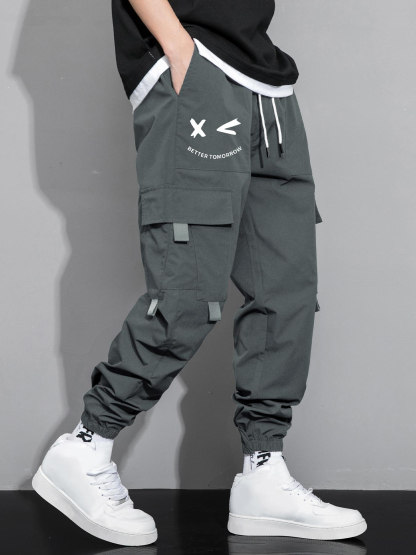 Men's Cartoon Face & Letter Print Drawstring Waist Cargo Pants