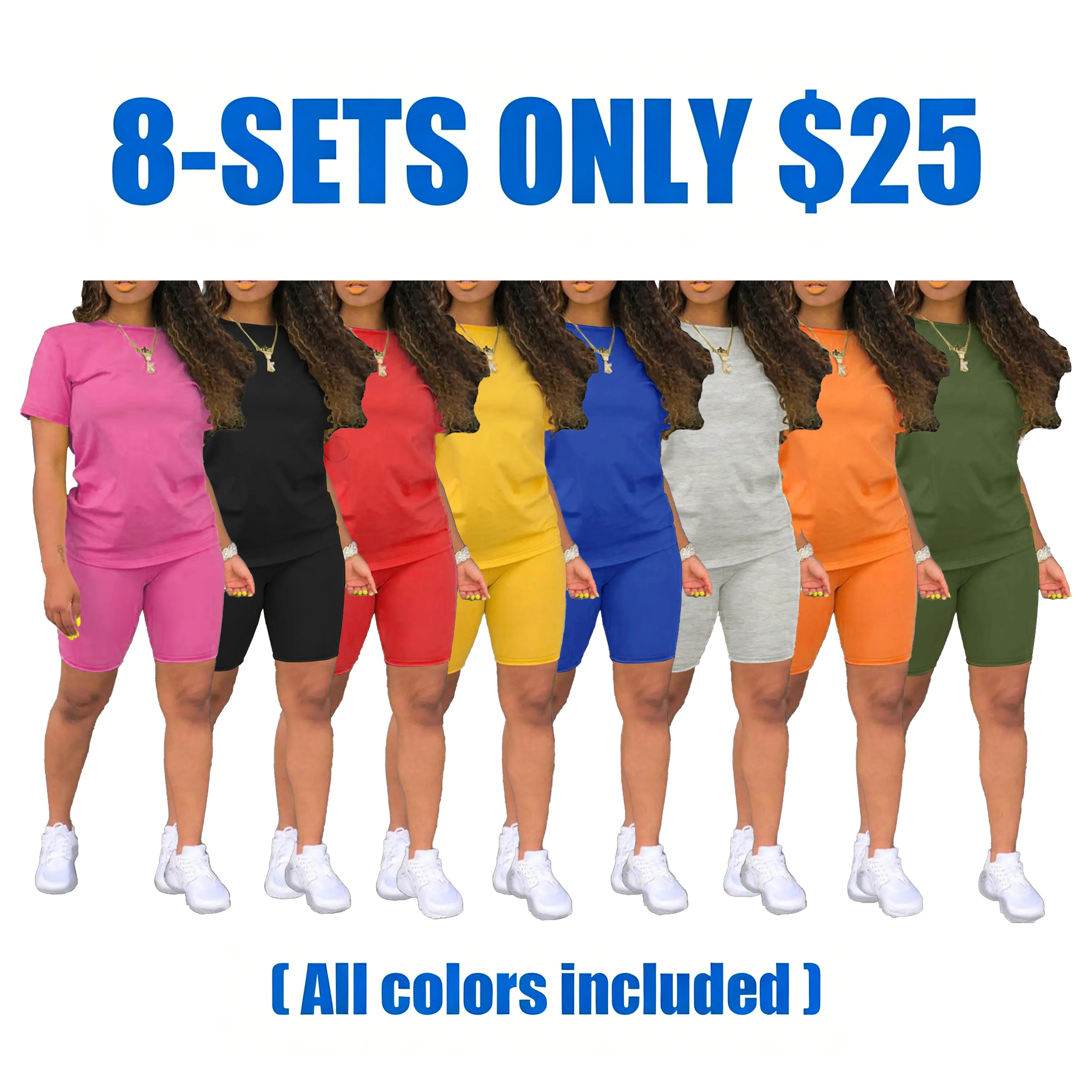 Women's Fitted Plain Round Neck Tee & Skinny Shorts Set