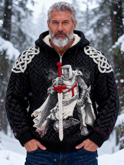 Men's Black & White Templar Knight Celtic Knot Shoulder Sweater Cardigan