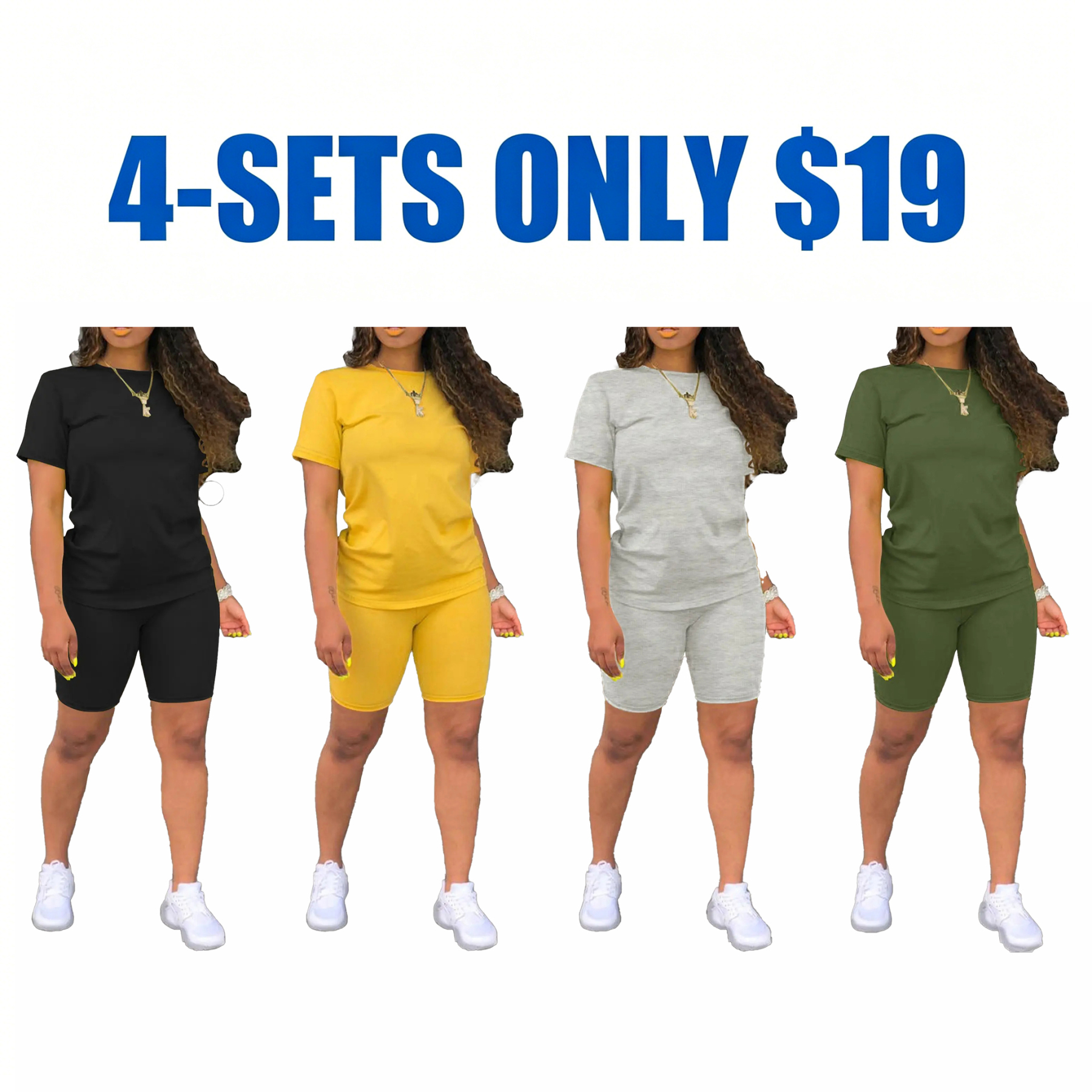 Women's Fitted Plain Round Neck Tee & Skinny Shorts Set