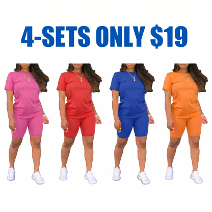 Women's Fitted Plain Round Neck Tee & Skinny Shorts Set