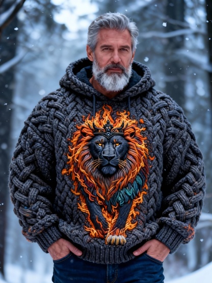 Men's Flame Lion Chunky Knit Hooded Sweater