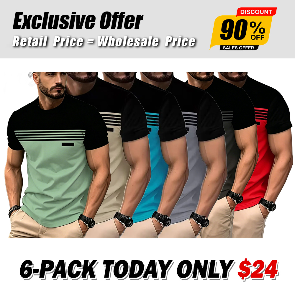  Men’s Casual Striped Panel Design Short Sleeve T-Shirts