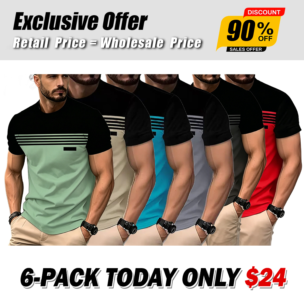  Men’s Casual Striped Panel Design Short Sleeve T-Shirts