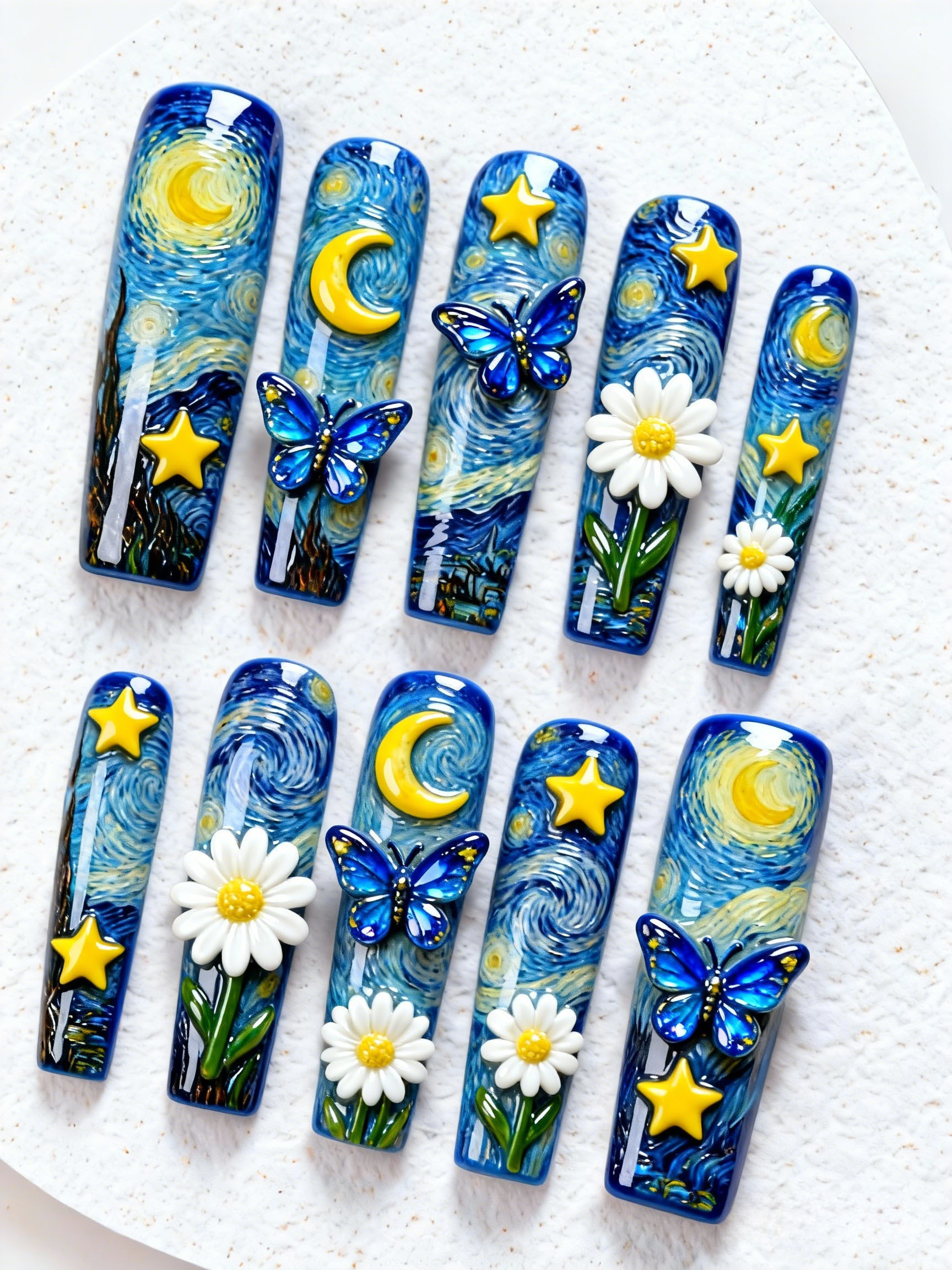 10-piece set of Van Gogh Starry Night Butterfly Daisy Moon Art Medium-length Press-type Nail Stickers