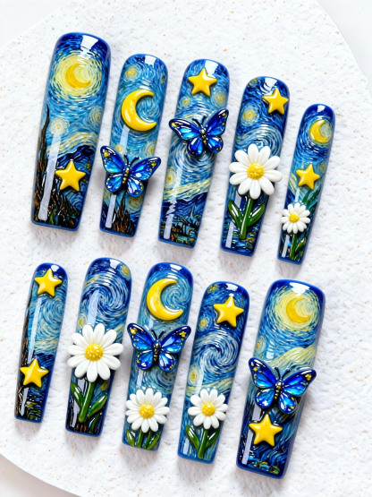 10-piece set of Van Gogh Starry Night Butterfly Daisy Moon Art Medium-length Press-type Nail Stickers