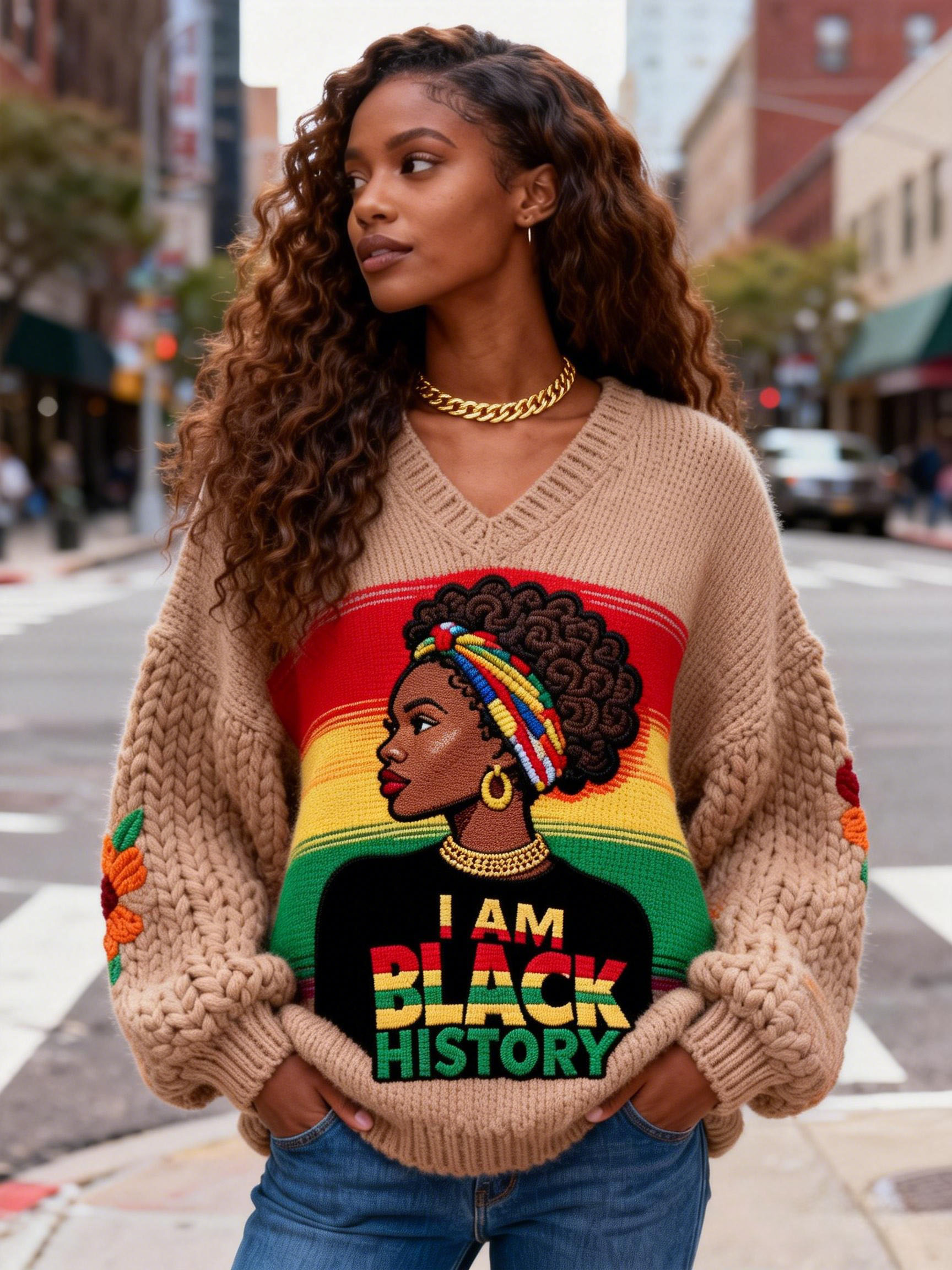 Women's "I Am Black History" African Queen Embroidery Chunky Knit V-Neck Sweater