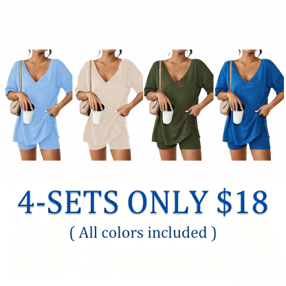 Women's Casual Spring Oversized V Neck Split Hem Shirts & Shorts Two-Piece Set