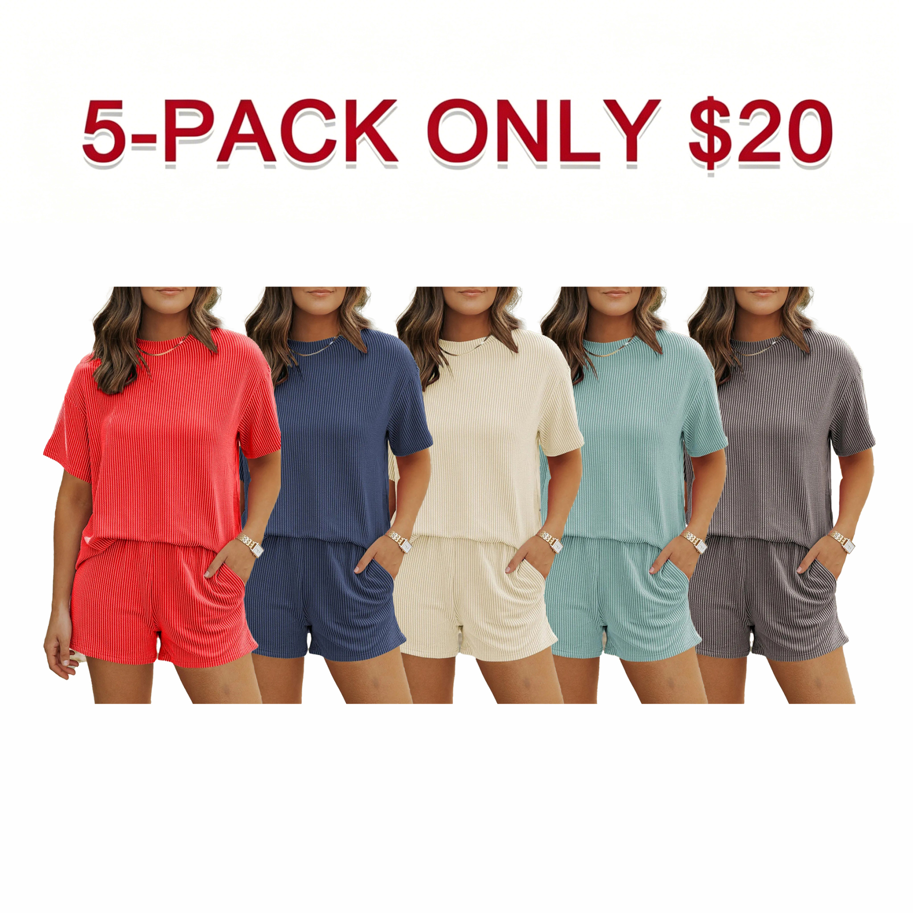 Women's Solid Twisted Ribbed Knit Textured Pocket Shorts Set