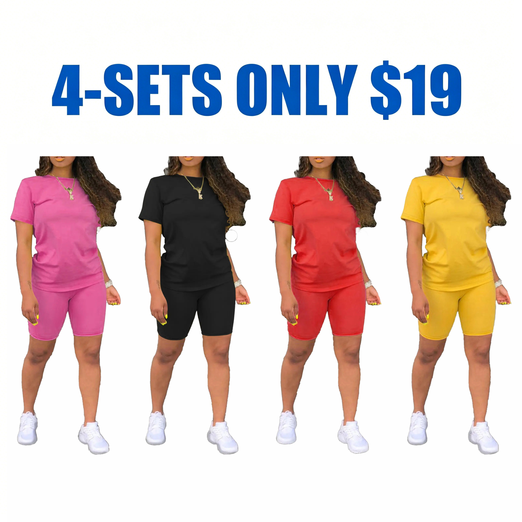 Women's Fitted Plain Round Neck Tee & Skinny Shorts Set