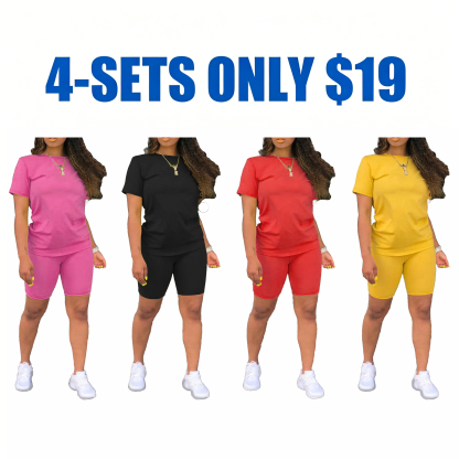 Women's Fitted Plain Round Neck Tee & Skinny Shorts Set