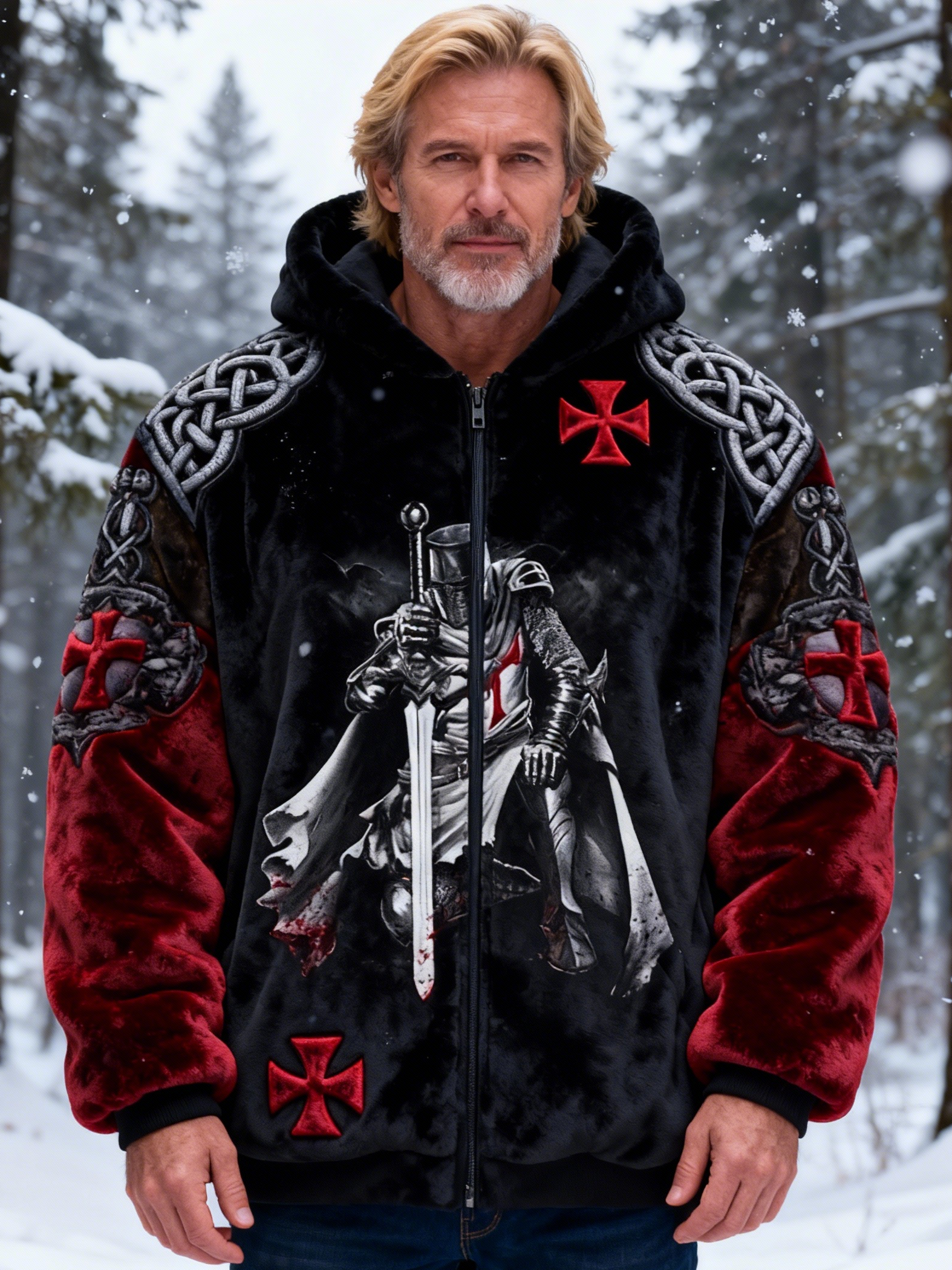 Men's Templar Knight Red Cross Fleece Color Block Zip Hoodie