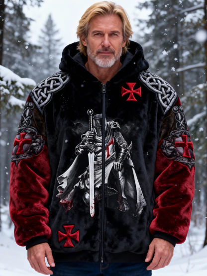 Men's Templar Knight Red Cross Fleece Color Block Zip Hoodie