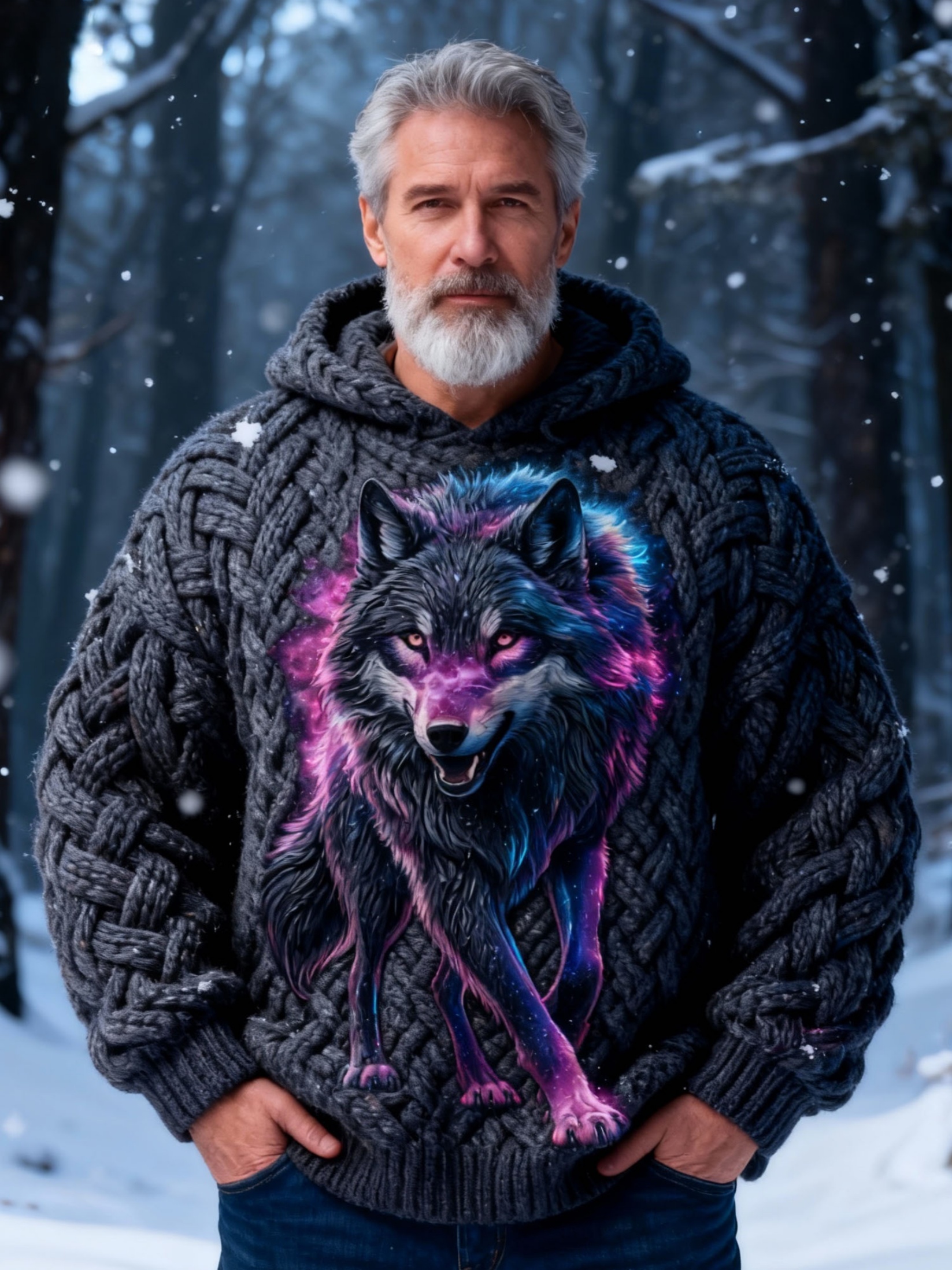 Men's Galaxy Purple Wolf Chunky Knit Hooded Sweater