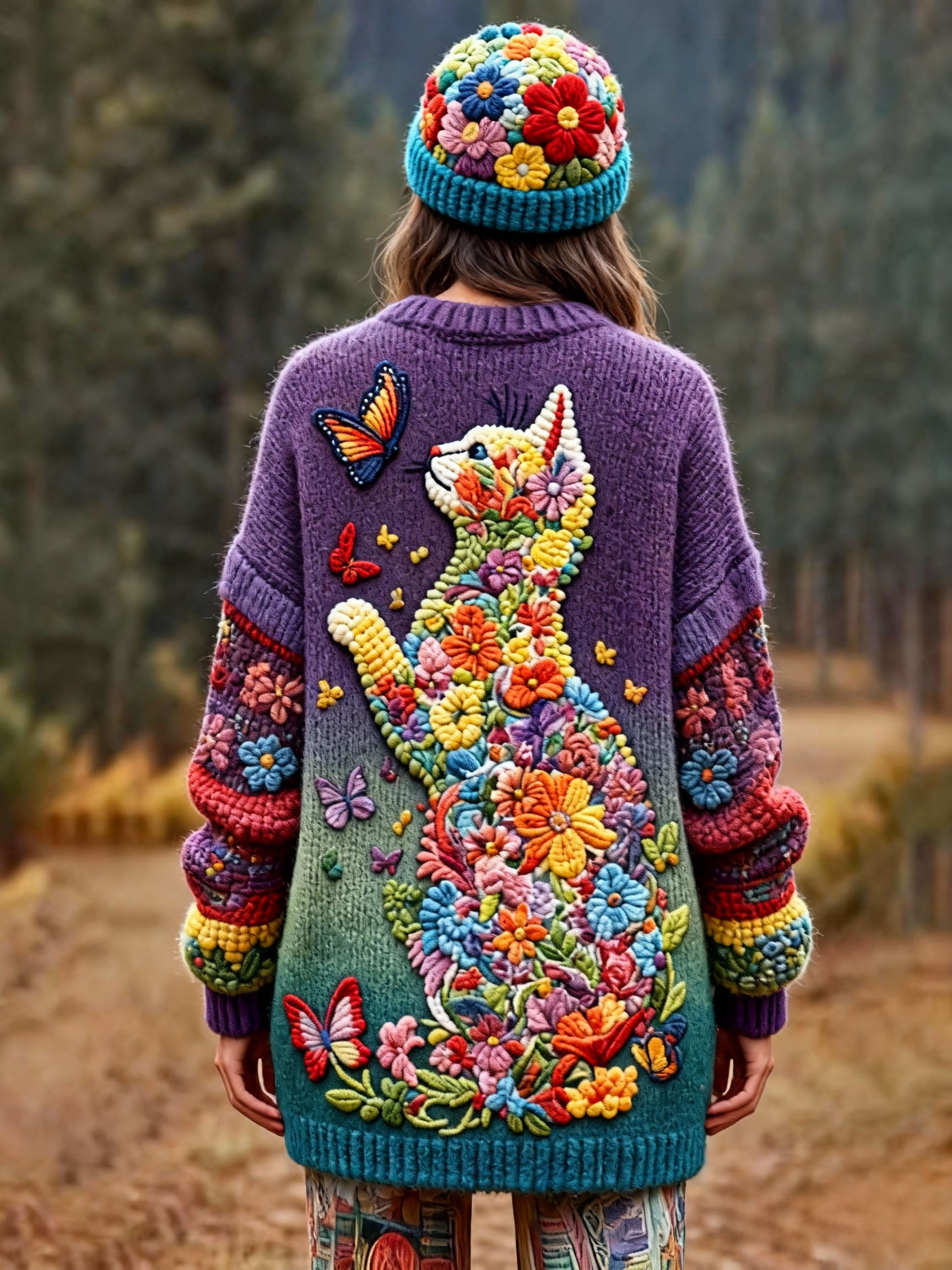 Women's Retro Art Color Butterfly Cat Sweater Cardigan