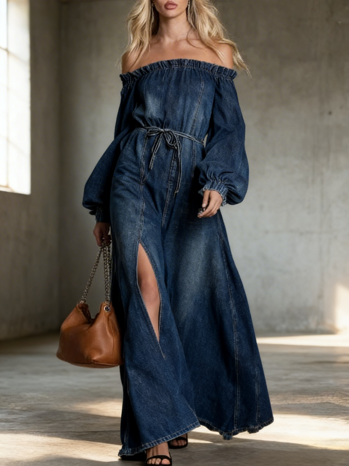 Off Shoulder Puff Sleeve Tie Waist Slit Denim Maxi Dress