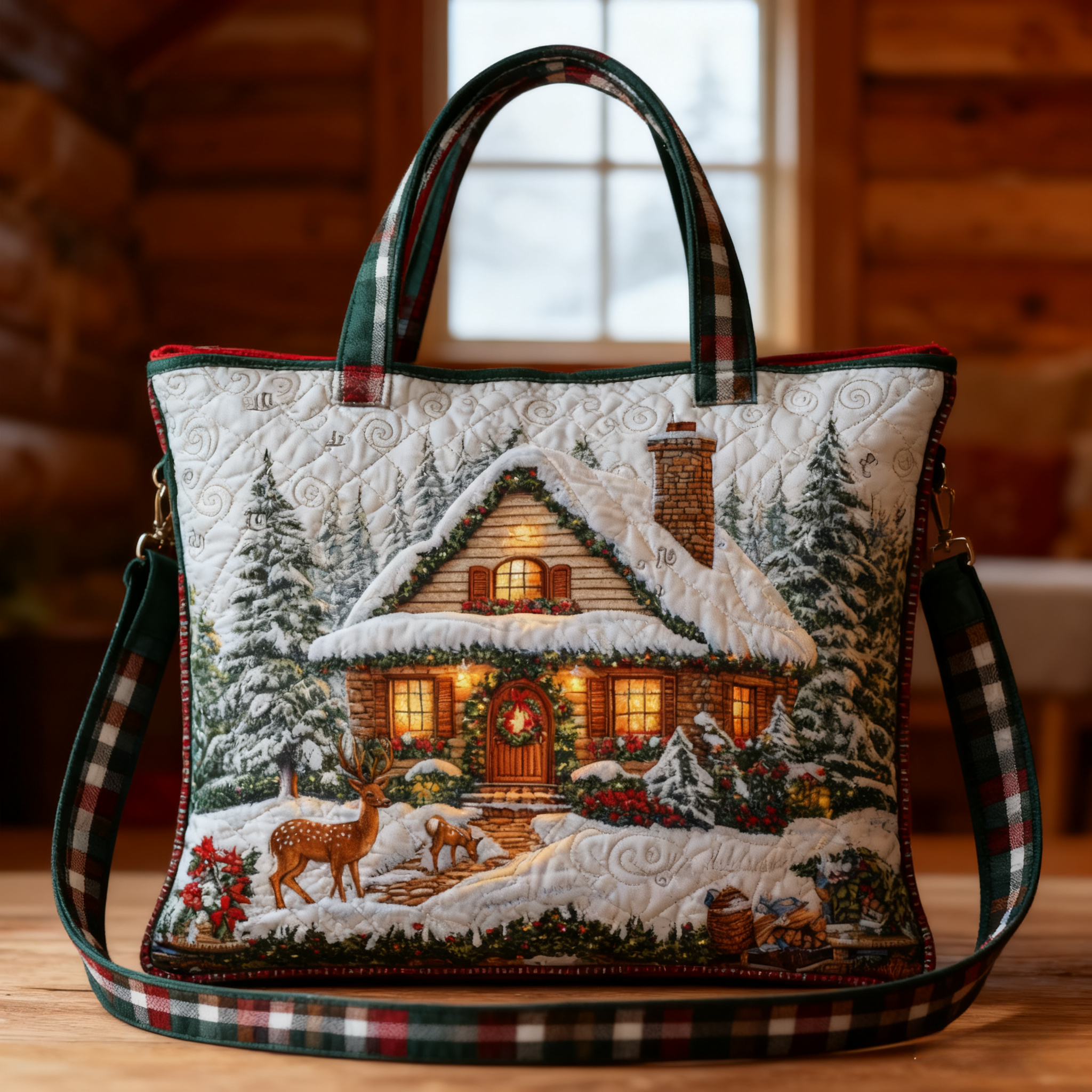Christmas Pine Reindeer Quilted Tote Bag  