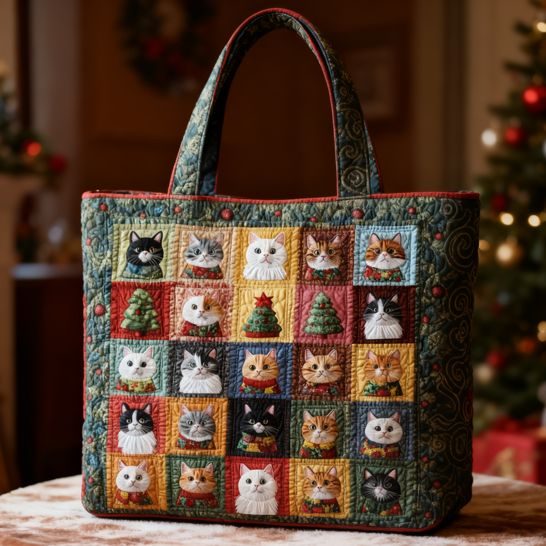 Retro Patchwork Cat Quilted Tote Bag  