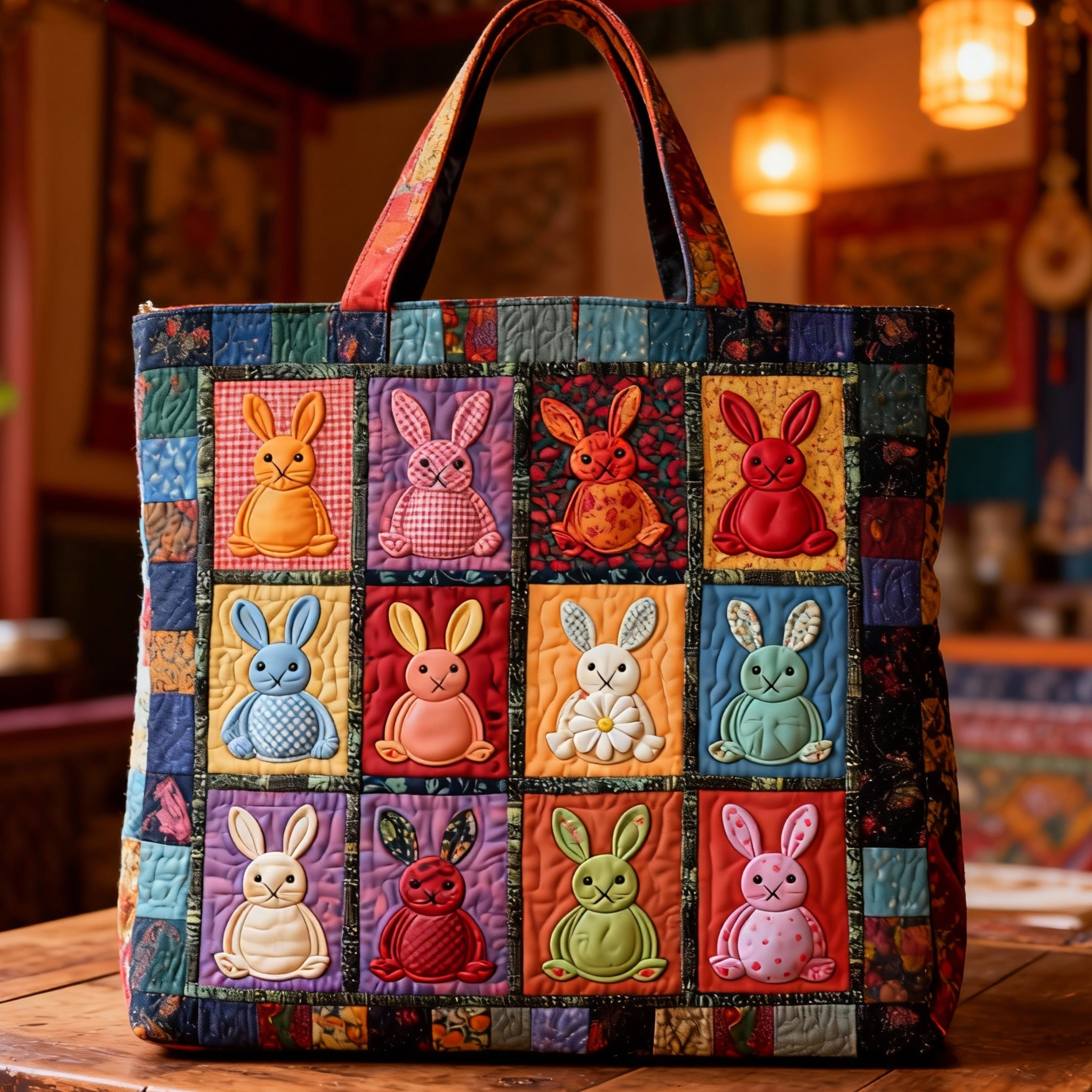 Vintage Patchwork Rabbit Quilted Tote Bag  