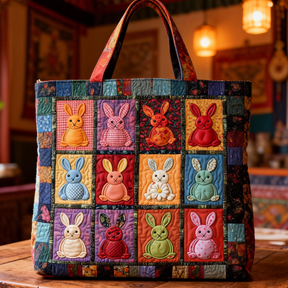Vintage Patchwork Rabbit Quilted Tote Bag  