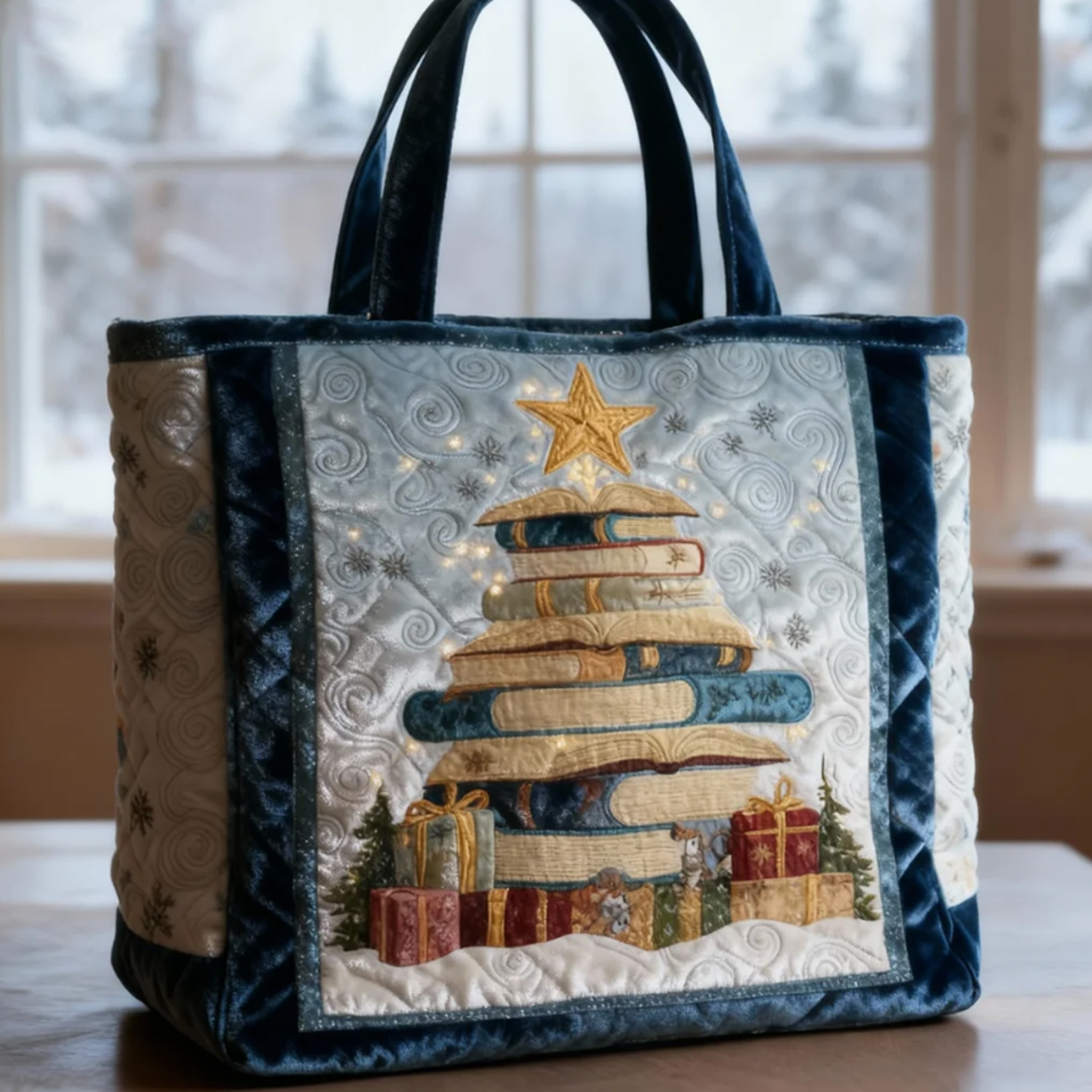 Vintage Book Christmas Tree Velvet Quilted Tote Bag  