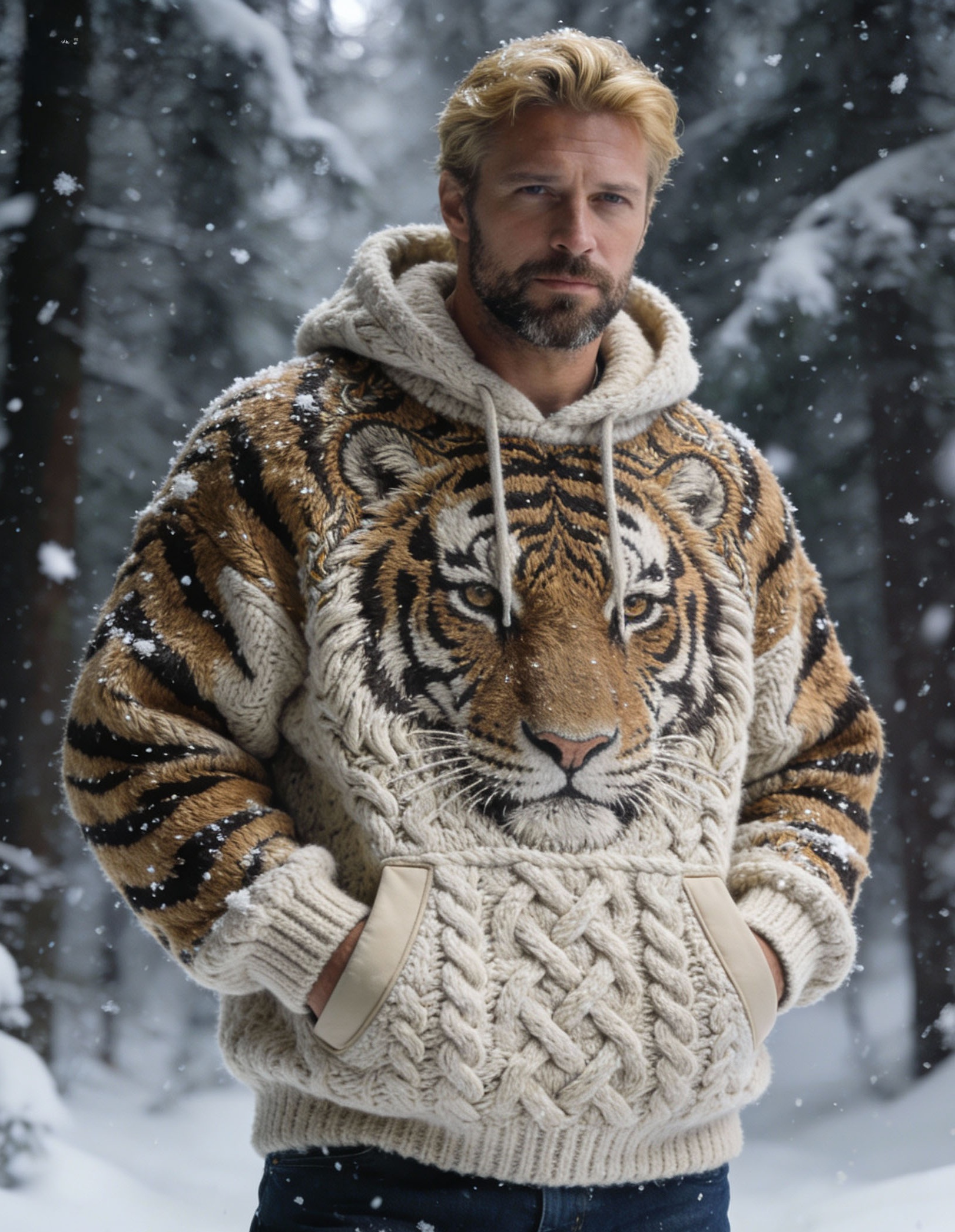 Men's Tiger Head Tiger Stripe Chunky Knit Hooded Sweater