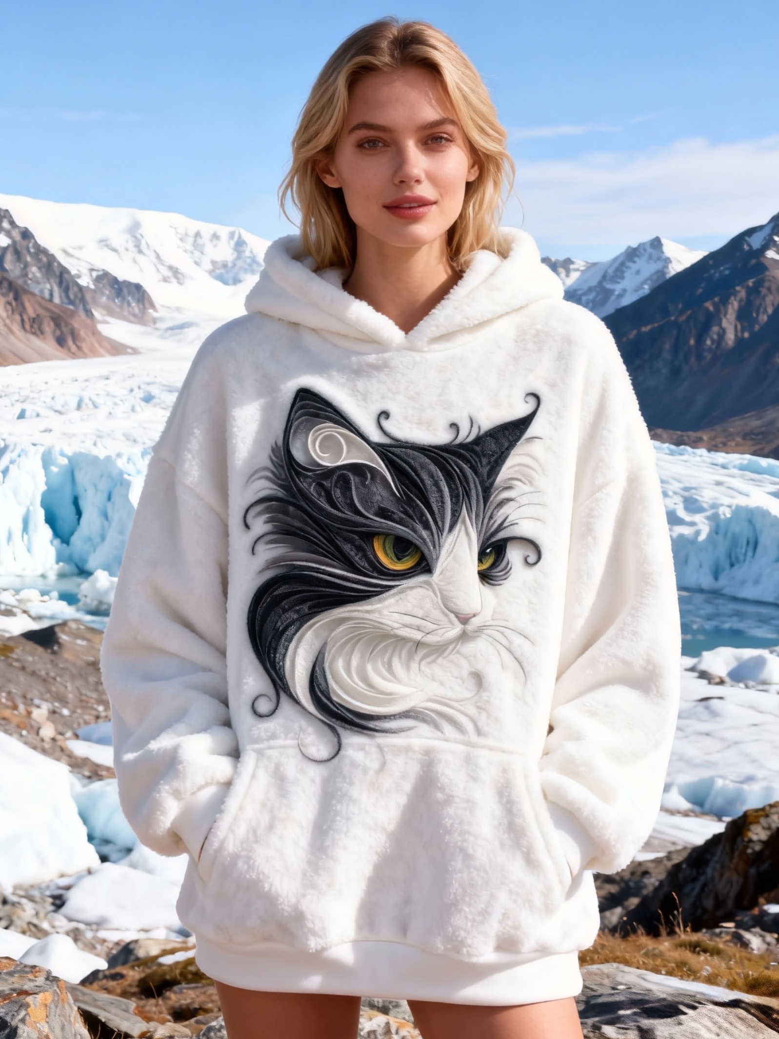 Women's Vintage Artistic Lines Cats Embossed Hooded Flannel Sweatshirt