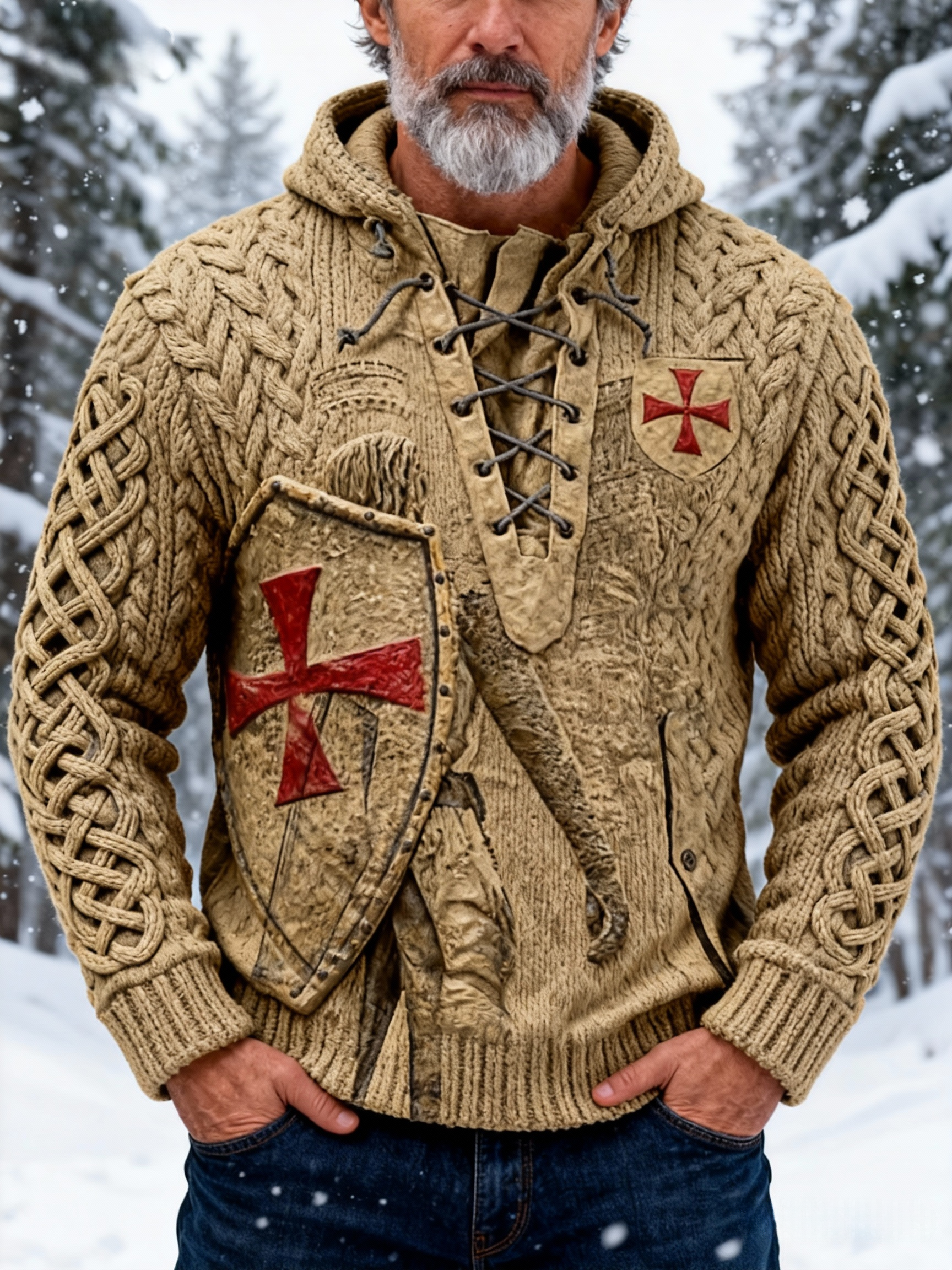 Men's Templar Knight Shield Lace-Up Cable Knit Hooded Sweater