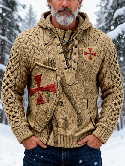 Men's Templar Knight Shield Lace-Up Cable Knit Hooded Sweater