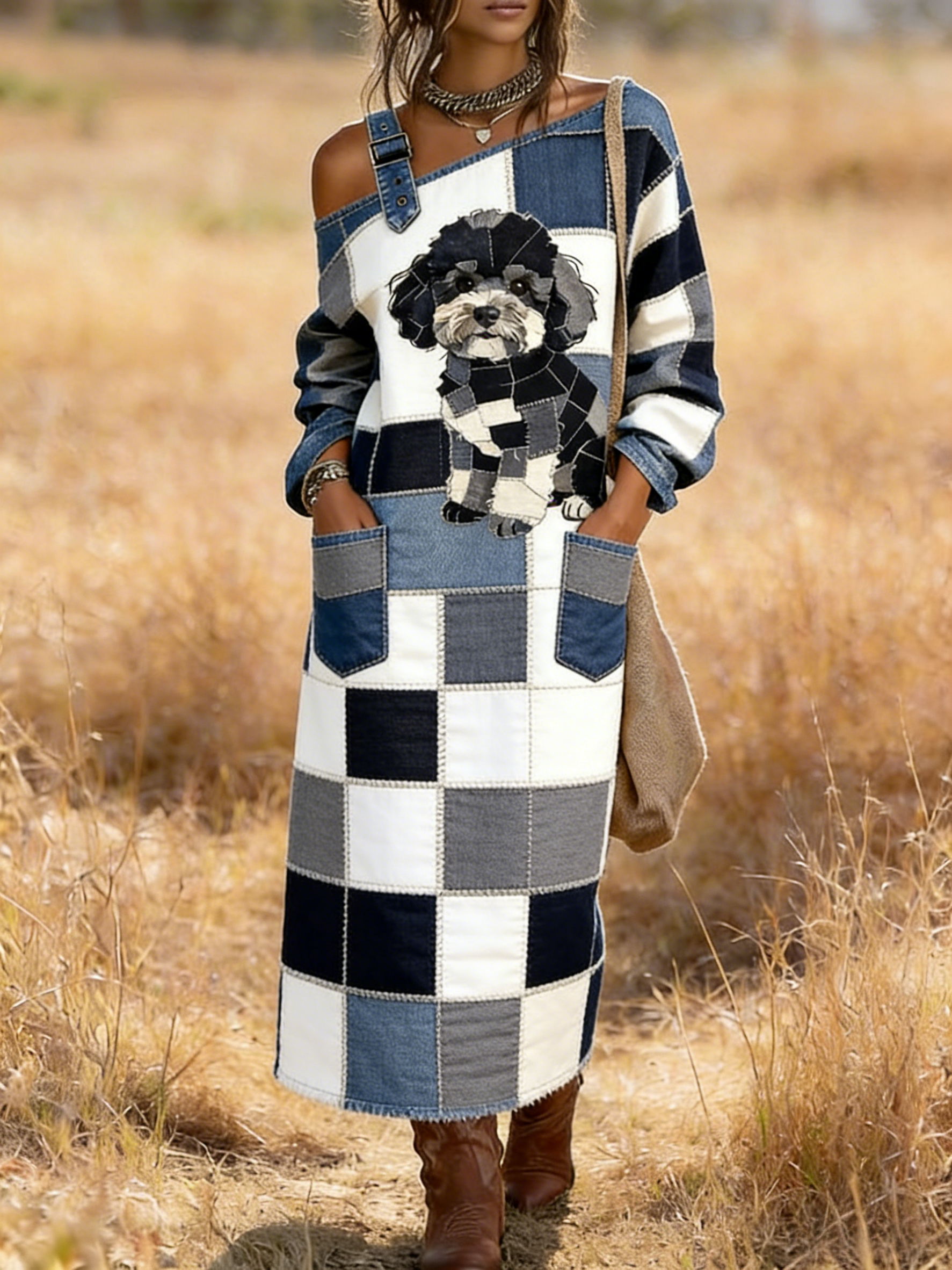 One Shoulder Checkerboard Patchwork Poodle Applique Maxi Dress