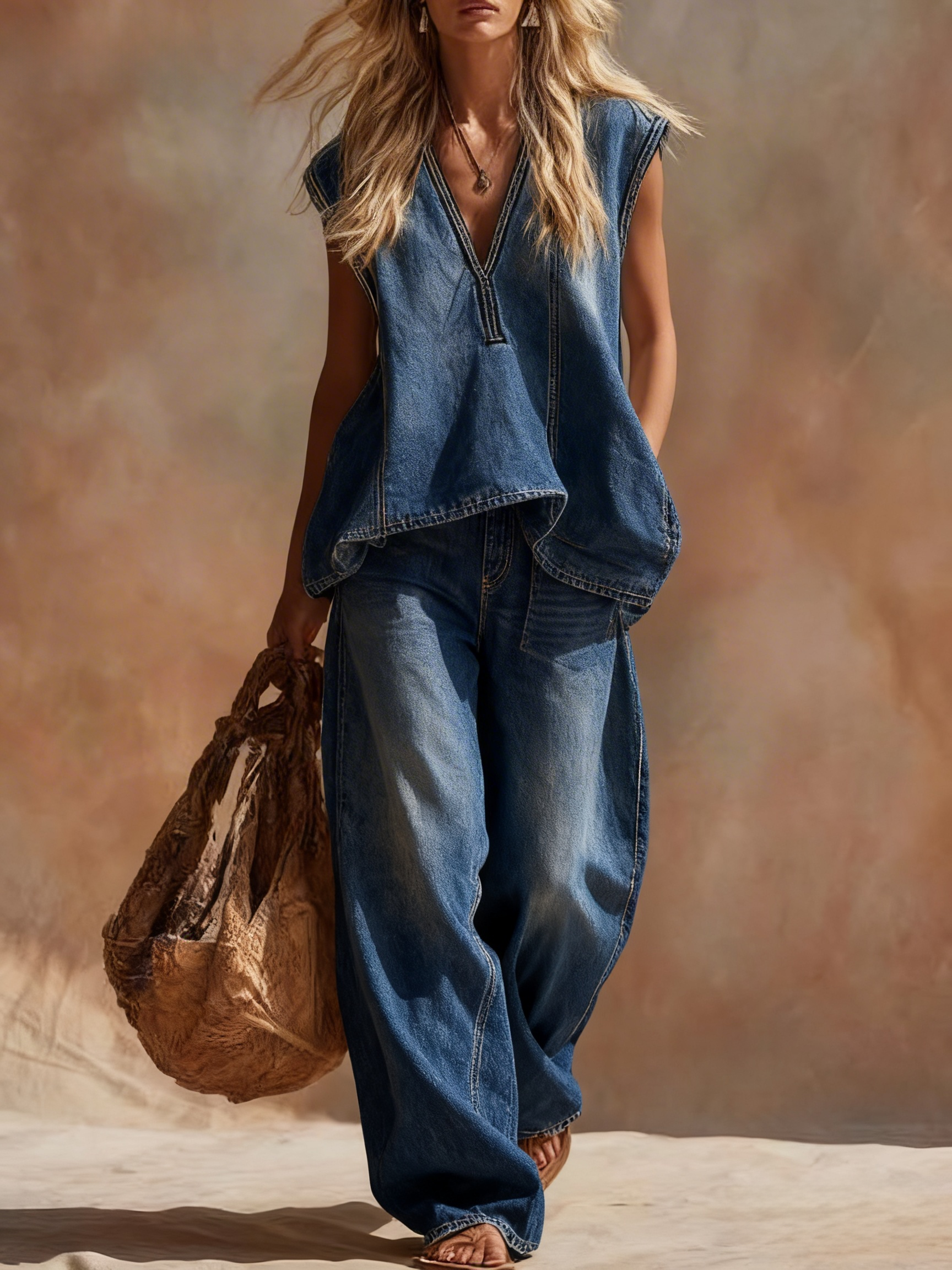 V-Neck Loose Denim Top + Oversized Wide Leg Denim Pants Set