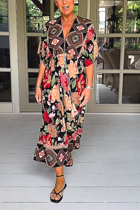 V Neck Vintage Geometric Floral Jumpsuit