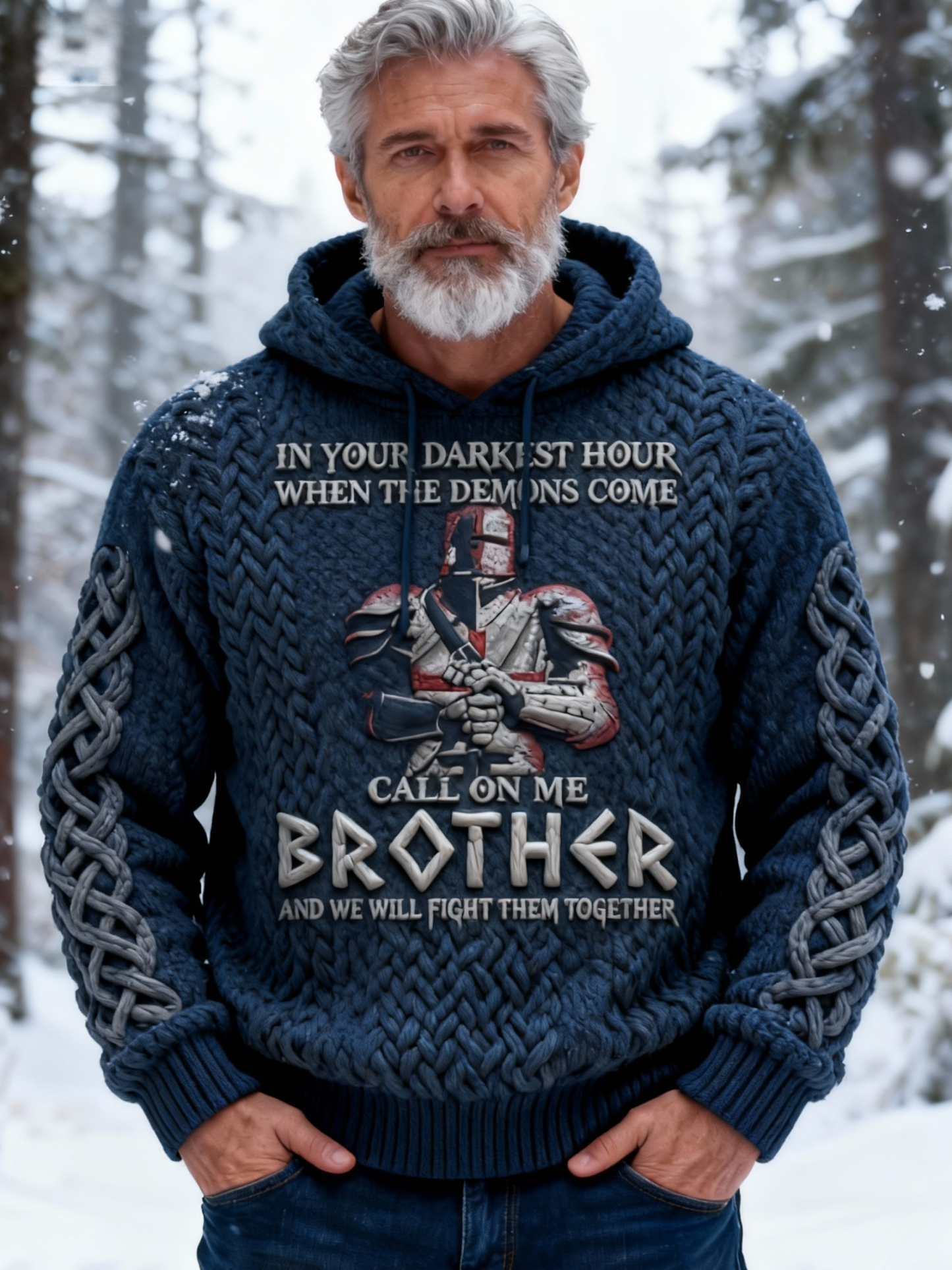 Men's "Call on Me Brother" Templar Knight Navy Cable Knit Hoodie Sweater