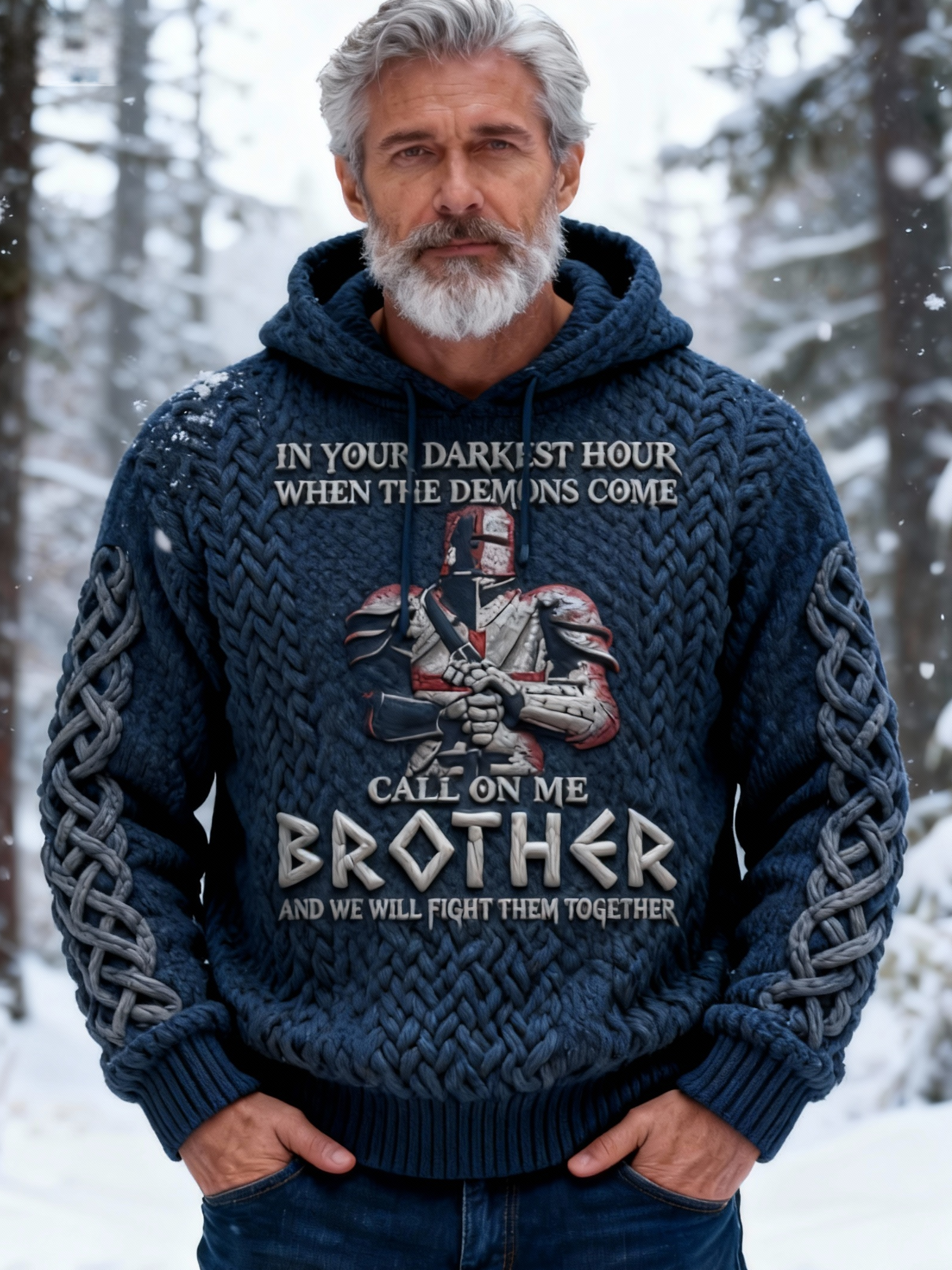 Men's "Call on Me Brother" Templar Knight Navy Cable Knit Hoodie Sweater