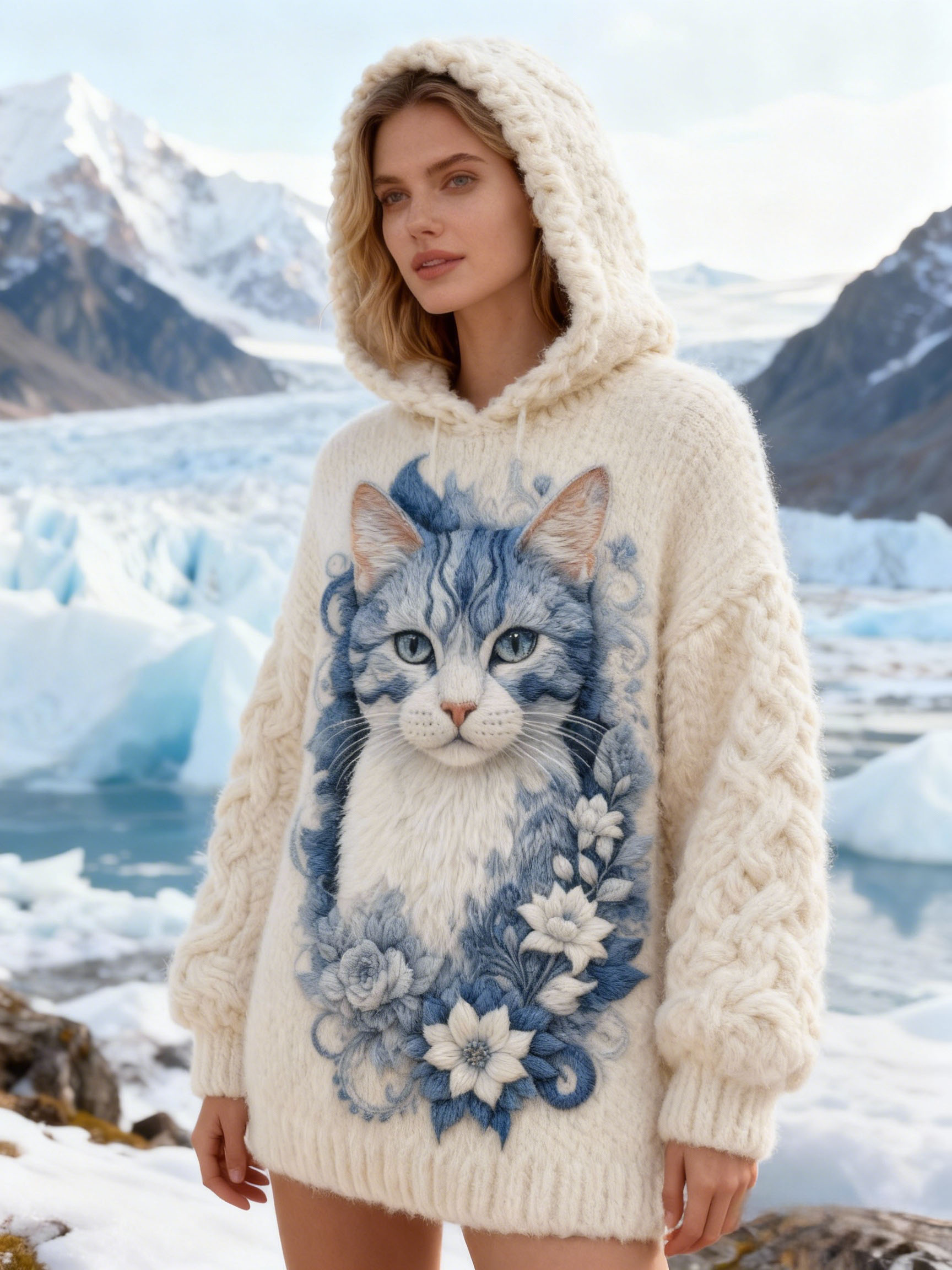 Women's Blue and White Porcelain Art Cat Embroidered Hooded Sweater