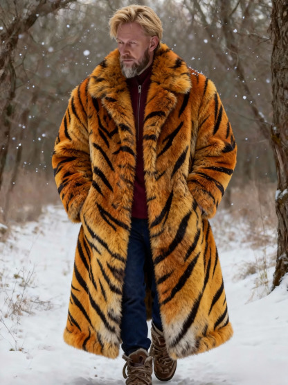 Men's Tiger Stripe Faux Fur Long Coat