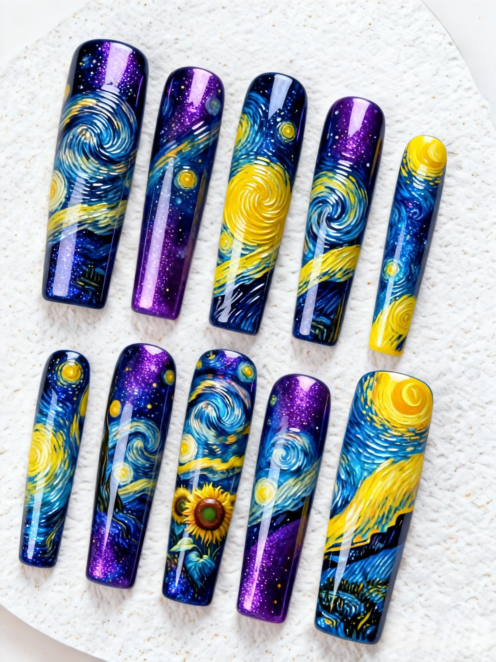 10-piece set of Van Gogh Starry Night Glitter Sunflower Art Medium-length Press-type Nail Stickers