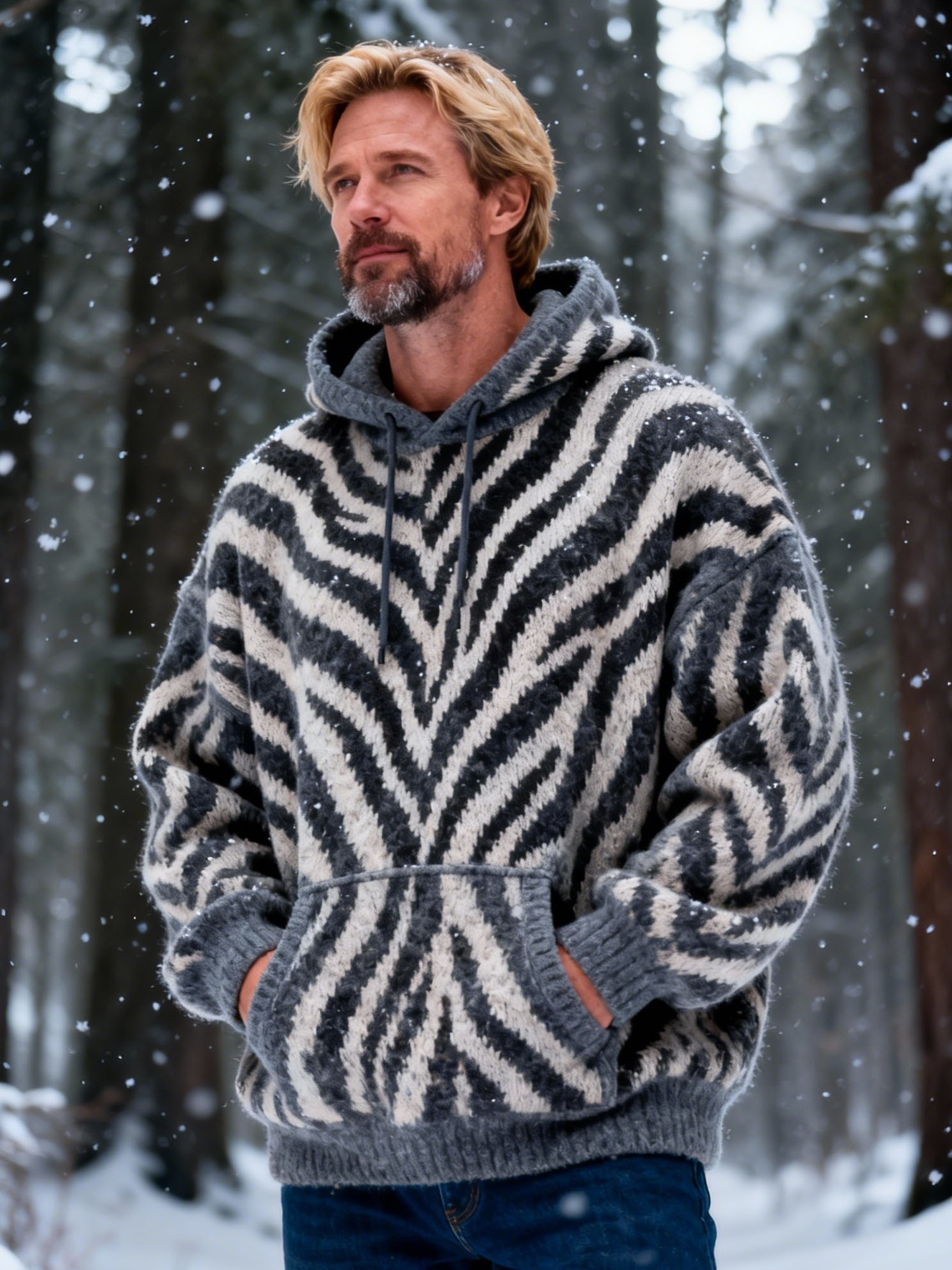 Men's Zebra Stripe Chunky Knit Hooded Sweater