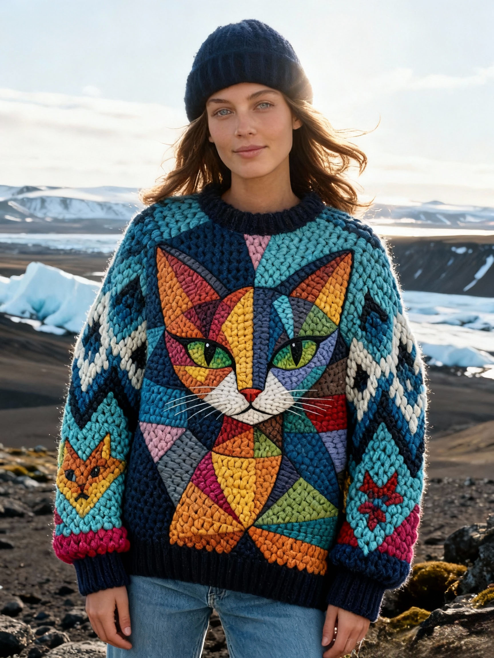 Women's Vintage Art Color Block Cat Crew Neck Sweater