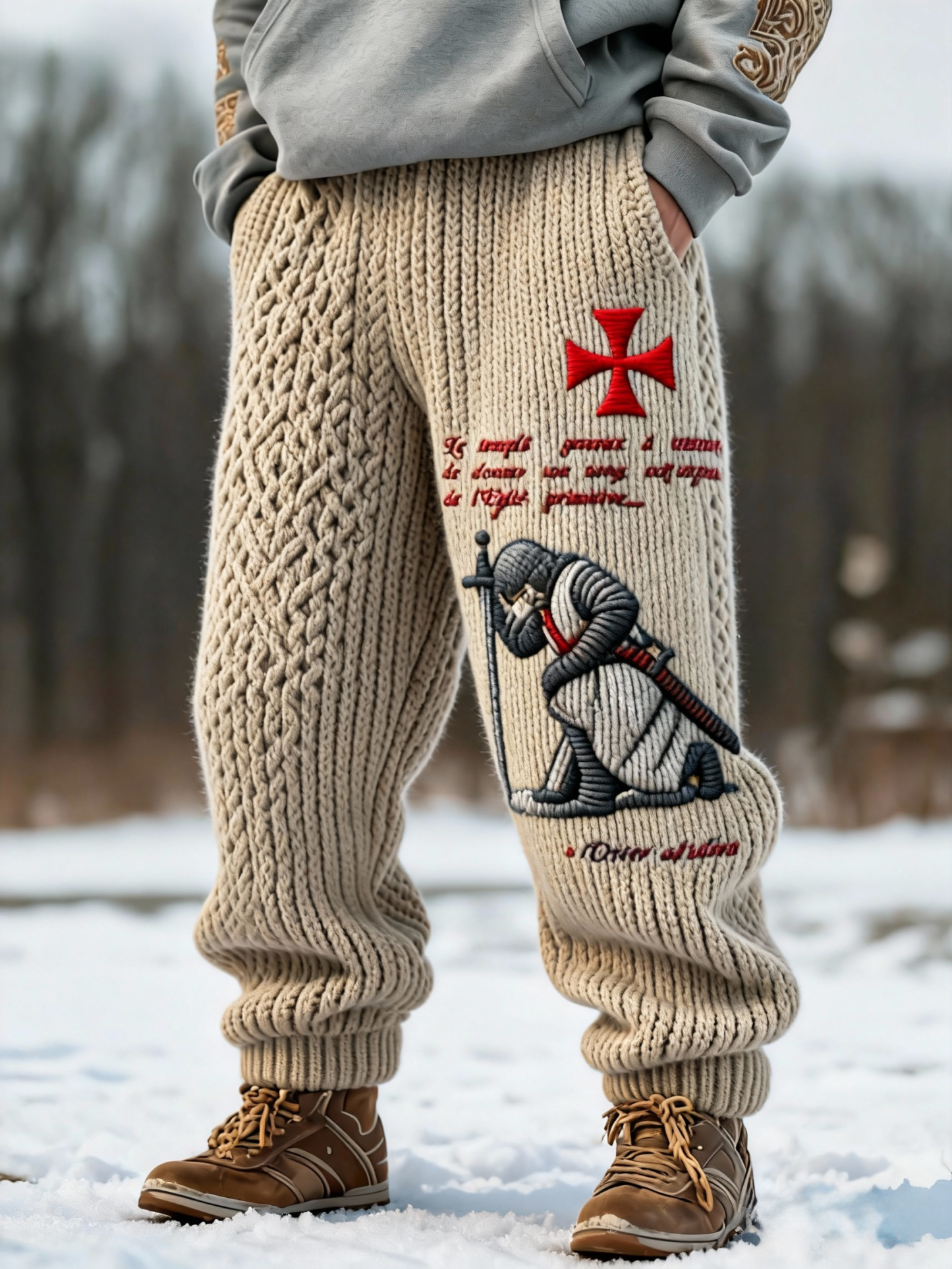 Men's Beige Cable Templar Knight Prayer Knit Sweatpants