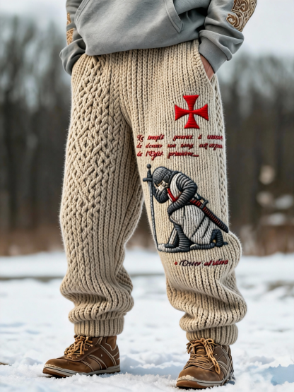 Men's Beige Cable Templar Knight Prayer Knit Sweatpants