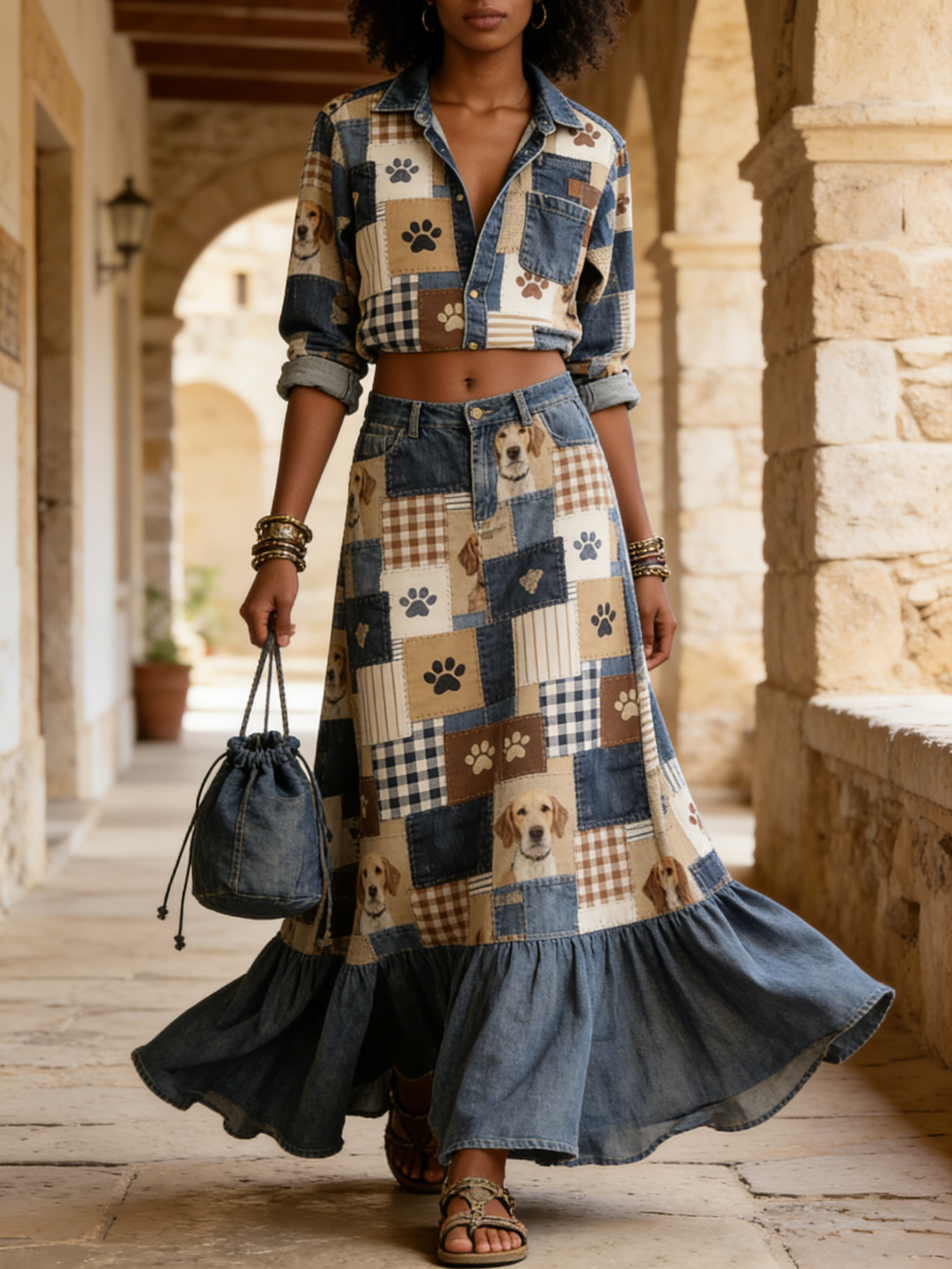 Dog & Paw Print Patchwork Denim Crop Top + Maxi Skirt Set