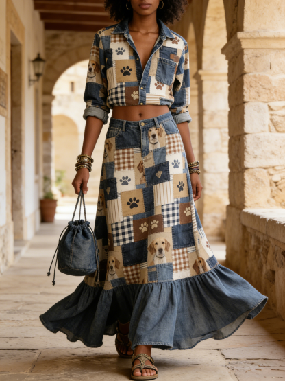 Dog & Paw Print Patchwork Denim Crop Top + Maxi Skirt Set
