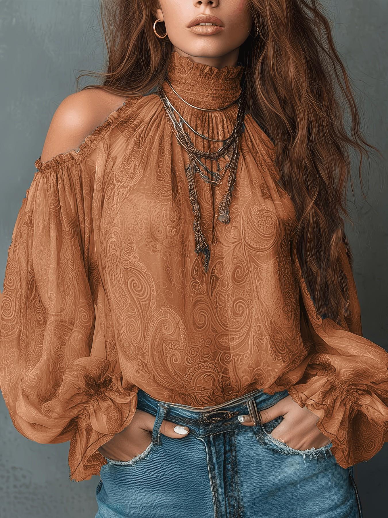 Women's Vintage Off-Shoulder Paisley Blouse Top, Elegant Retro Design for Casual or Formal Wear, Unique Fashion Piece Women's Vintage Off-Shoulder Paisley Blouse Top, Elegant Retro Design for Casual or Formal Wear, Unique Fashion Piece