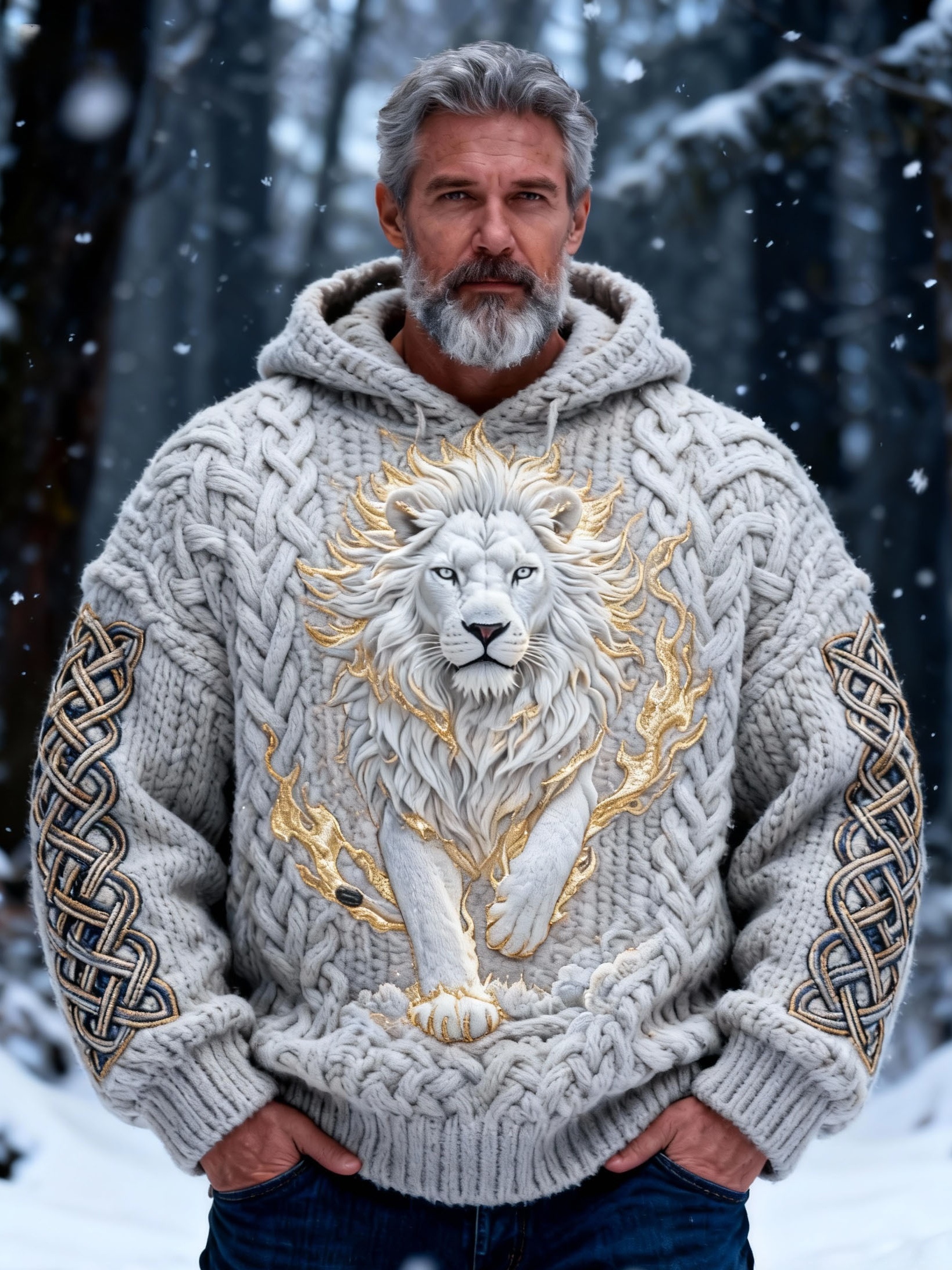 Men's White Lion Gold Flame Chunky Knit Hooded Sweater