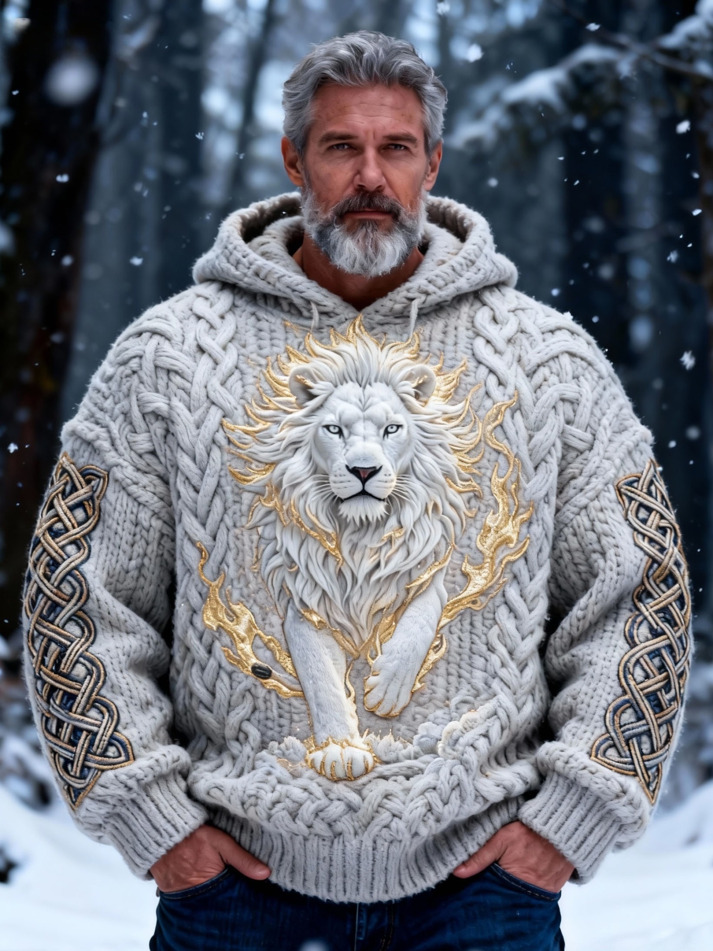 Men's White Lion Gold Flame Chunky Knit Hooded Sweater
